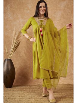 Gahan - Womens Embroidered Sequence Green Velvet Kurta with Pant & Dupatta
