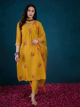 Gahan - Womens Embroidered Sequence Orange Silk Blend Kurta with Pant & Dupatta