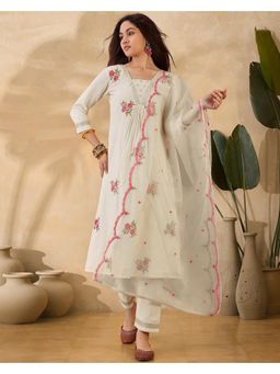 Gahan - Womens Embroidered Sequence Off White Silk Blend Kurta with Pant & Dupatta