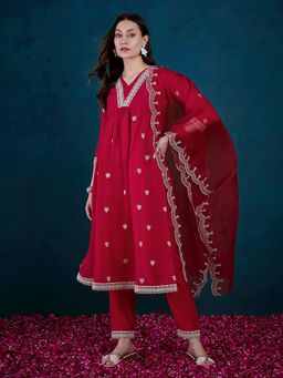 Gahan - Womens Embroidered Sequence Red Silk Blend Kurta with Pant & Dupatta