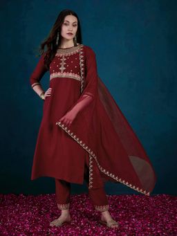 Gahan - Womens Embroidered Sequence Maroon Silk Blend Kurta with Pant & Dupatta
