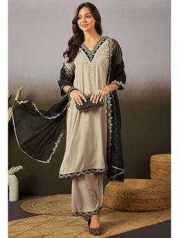 Gahan - Womens Embroidered Sequence Beige Velvet Kurta with Palazzo & Dupatta