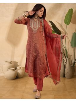 Gahan - Rust Silk Blend Zari Sequence Embroidered Lace Work Kurta with Pant & Dupatta