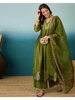 Gahan - Embroidered Zari Sequence Olive Silk Blend Kurta with Palazzo & Dupatta