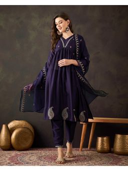 Gahan - Navy Blue Silk Blend Zari Sequence Embroidered Anarkali Kurta with Pant & Dupatta