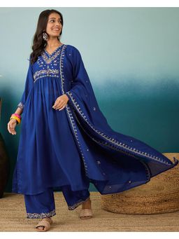 Gahan - Embroidered Zari Sequence Blue Silk Blend Kurta with Palazzo & Dupatta