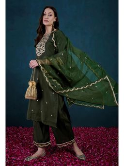 Gahan - Womens Embroidered Sequence Green Kurta with Palazzo & Dupatta