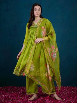 Gahan - Embroidered Sequence Lime Green Silk Blend Kurta with Palazzo & Dupatta