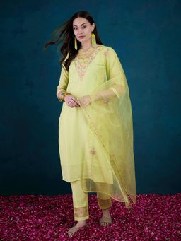Gahan - Embroidered Sequence Yellow Silk Blend Kurta with Pant & Dupatta