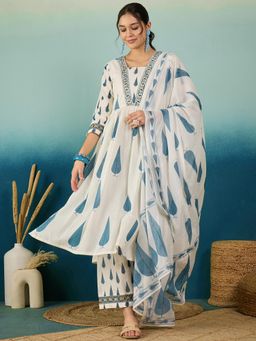 Gahan - Embroidered White Ethnic Motif Pure Cotton Kurta with Palazzo & Dupatta