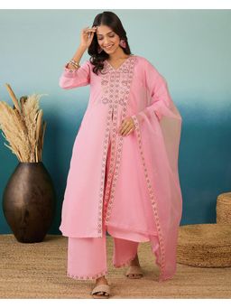 Gahan - Embroidered Zari Sequence Pink Silk Blend Kurta with Palazzo & Dupatta
