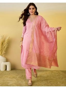 Gahan - Pink Silk Blend Zari Sequence Embroidered Kurta with Pant & Dupatta