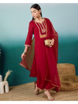 Gahan - Embroidered Sequence Red Silk Blend Kurta with Palazzo & Dupatta