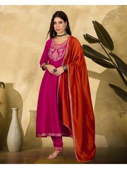 Gahan - Pink Silk Blend Zari Sequence Thread Embroidered Anarkali Kurta with Pant & Dupatta