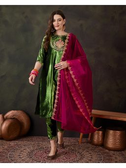 Gahan - Olive Velvet Zari Sequence Embroidered Kurta with Pant & Dupatta