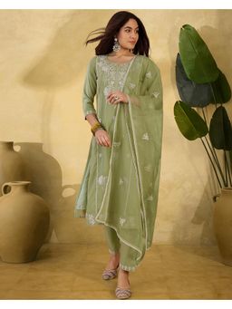 Gahan - Green Silk Blend Zari Thread Work Embroidered Kurta with Pant & Dupatta