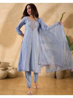 Gahan - Blue Silk Blend Zari Sequence Thread Work Embroidered Kurta with Pant & Dupatta