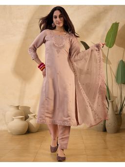 Gahan - Beige Silk Blend Zari Sequence Thread Work Embroidered Kurta with Pant & Dupatta