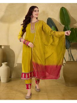Gahan - Embroidered Zari Sequence Mustard Silk Blend Kurta with Pant & Dupatta