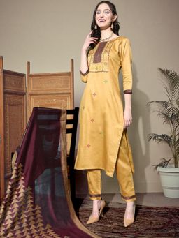 Gahan - Womens Embroidered Beige Cotton Blend Kurta with Pant & Dupatta
