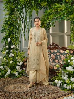 Gahan - Cream Chinon Embroidered Kurta with Palazzo & Organza Dupatta