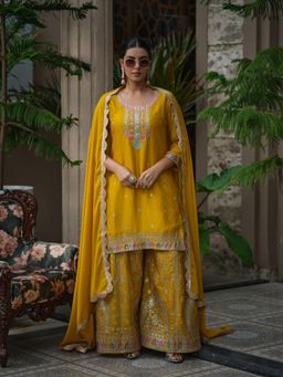 Gahan - Mustard Yellow Embroidered Festive Kurta with Sharara & Dupatta
