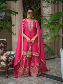 Gahan - Pink Embroidered Chinon Festive Kurta with Sharara & Dupatta
