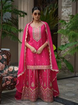 Gahan - Pink Embroidered Festive Chinon Kurta with Sharara & Dupatta