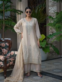 Gahan - Beige Embroidered Festive Kurta with Palazzo & Organza Dupatta