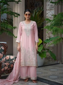 Gahan - Blush Pink Embroidered Festive Kurta with Palazzo & Organza Dupatta