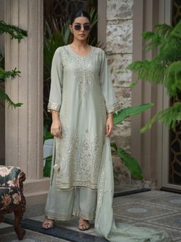 Gahan - Light Green Embroidered Festive Kurta with Palazzo & Organza Dupatta