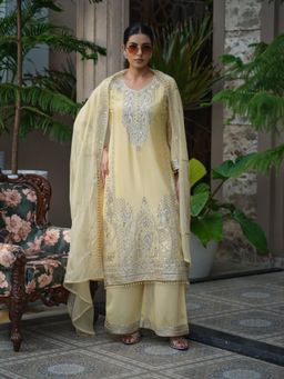 Gahan - Yellow Embroidered Festive Kurta with Palazzo & Organza Dupatta