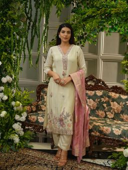 Gahan - Cream Zardosi Handwork Kurta with Pant & Jacquard Peach Dupatta