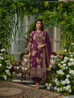 Gahan - Purple Crepe Silk Floral Printed Kurta with Pant & Dupatta