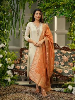 Gahan - Cream Zardosi Handwork Kurta with Pant & Jacquard Contrace Dupatta