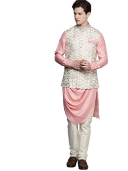 Manyavar - Pink Art Silk Festive Printed Kurta Jacket Pencil Pant (Set of 3)