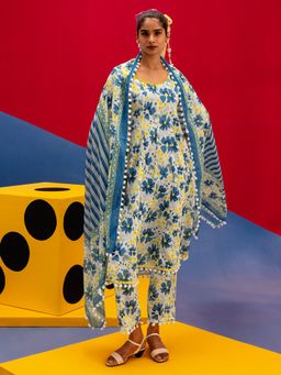 Libas - Floral Print Cotton Blend Anarkali Kurta with Pant & Dupatta