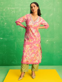 Libas - Pink Floral Printed Straight Kurta