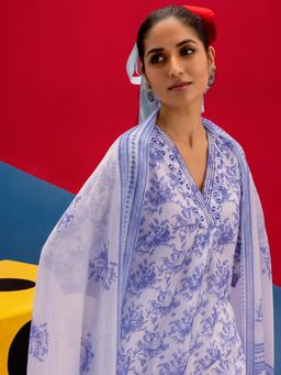 Libas - White Printed A-Line Kurta with Pant and Dupatta