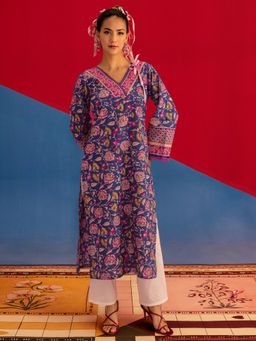 Libas - Blue Floral Printed Gotta Patti Straight Kurta