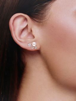 Kai Jewel - Sterling Silver Rose Gold Floral Studded Pearl Stud Earrings