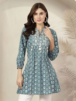 Nayam by lakshita - Embroidered Cotton Flared Tunic Blue
