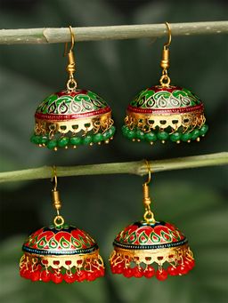 Yellow Chimes - Set of 2 pair Gold-Plated Meenakari Jhumka Earrings
