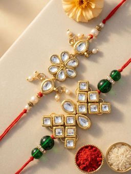 Karatcart - White Gold-Plated Floral Kundan Rakhis with Roli Chawal (Pack Of 2)
