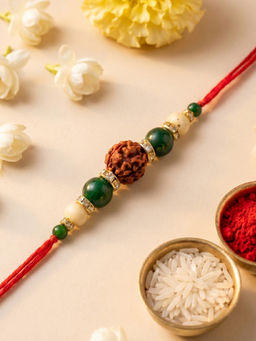 Karatcart - Multi-Color Gold Plated Rudraksha & Green Beads Kundan Rakhi with Roli & Chawal