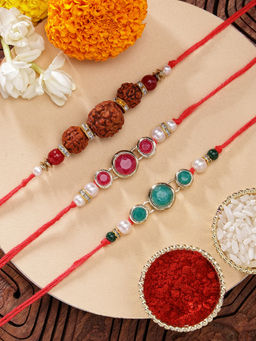 Karatcart - Multi-Color Rudraksha & Kundan Rakhis with Roli Chawal (Pack of 3)
