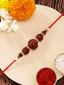 Karatcart - Brown Traditional Rudraksha Kundan Rakhi with Roli & Chawal
