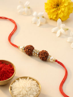 Karatcart - Brown Gold Plated Double Rudraksha Bhaiya Kundan Rakhi with Roli & Chawal