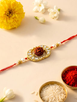 Karatcart - Multi-Color Gold Plated Oval Kundan Rudraksha Bhaiya Rakhi with Roli & Chawal