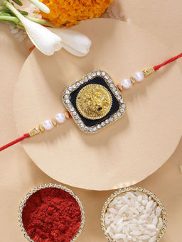 Karatcart - Multi-Color Beautiful Meenakari Lion Shape Kundan Rakhi with Roli Chawal